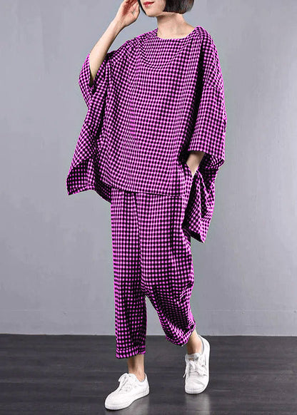 Tvådelat Set Dam Rutig Blus och Byxor Plus Size Komfortabel Design 9