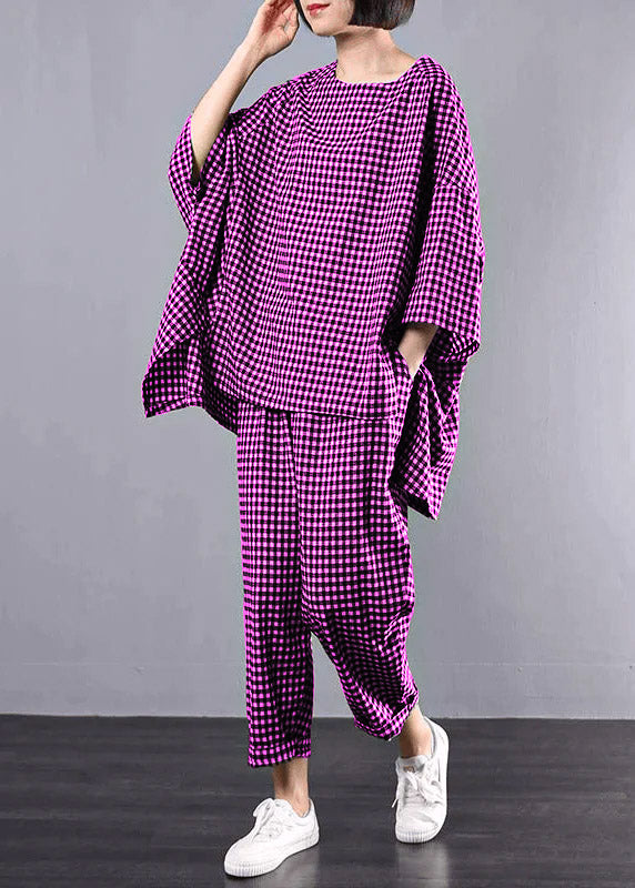 Tvådelat Set Dam Rutig Blus och Byxor Plus Size Komfortabel Design 9