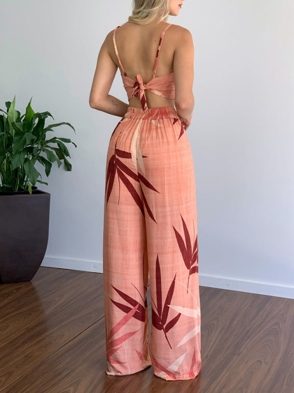 Tvådelat Set Dam V-Ringad Topp Högmidjade Vida Byxor Polyester 1