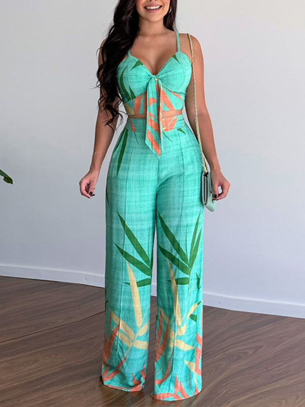 Tvådelat Set Dam V-Ringad Topp Högmidjade Vida Byxor Polyester 4