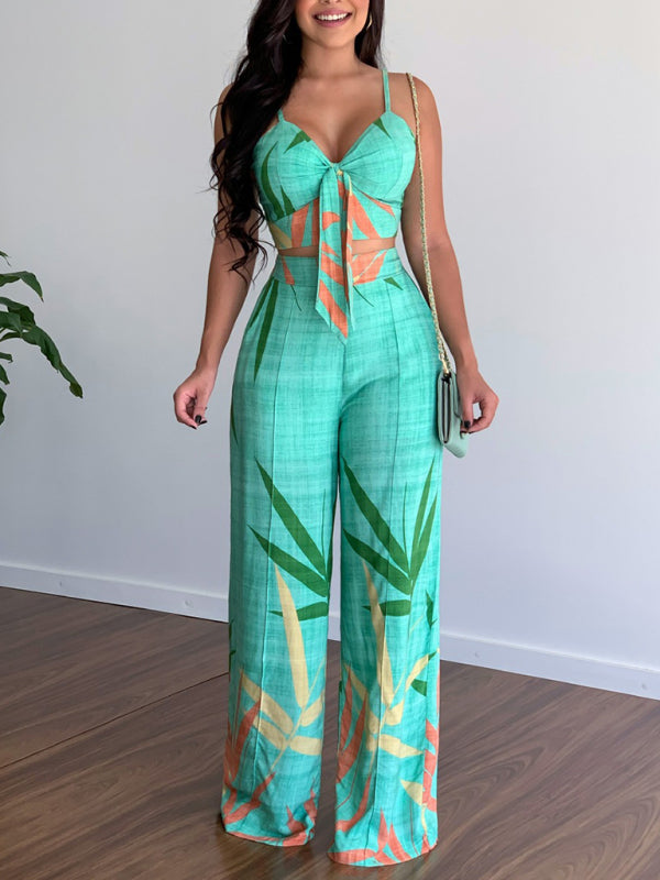 Tvådelat Set Dam V-Ringad Topp Högmidjade Vida Byxor Polyester 5