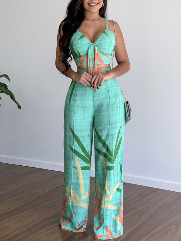 Tvådelat Set Dam V-Ringad Topp Högmidjade Vida Byxor Polyester 6