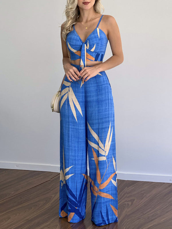Tvådelat Set Dam V-Ringad Topp Högmidjade Vida Byxor Polyester 7