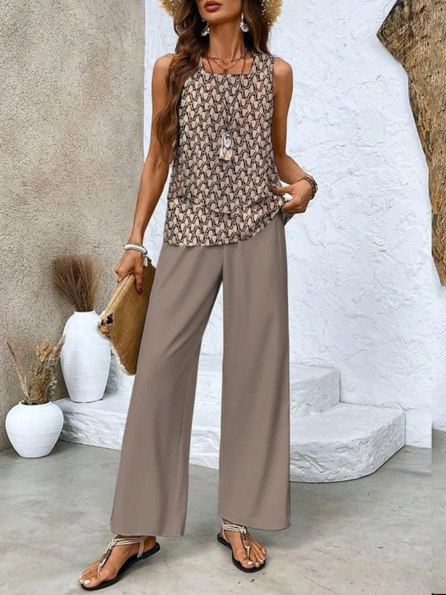 Tvådelat Set Dam med Ärmlös Blus och Vida Ben Byxor Chic Stil 2