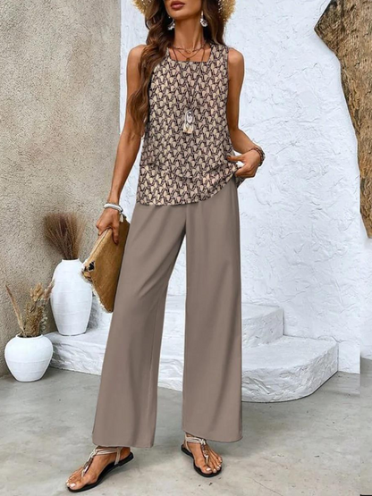 Tvådelat Set Dam med Ärmlös Blus och Vida Ben Byxor Chic Stil 2