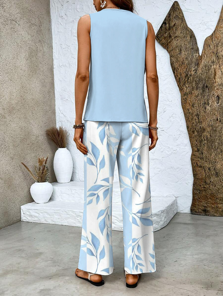 Tvådelat Set Dam med Ärmlös Blus och Vida Ben Byxor Chic Stil 7