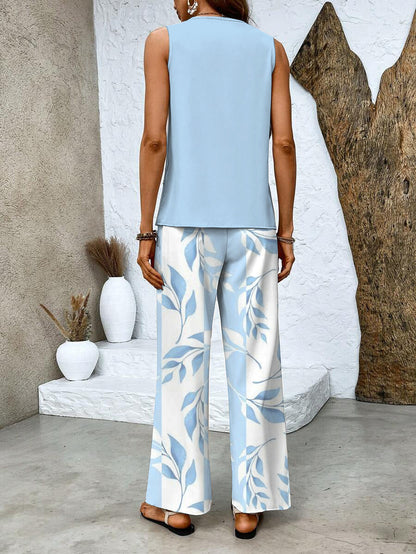 Tvådelat Set Dam med Ärmlös Blus och Vida Ben Byxor Chic Stil 7