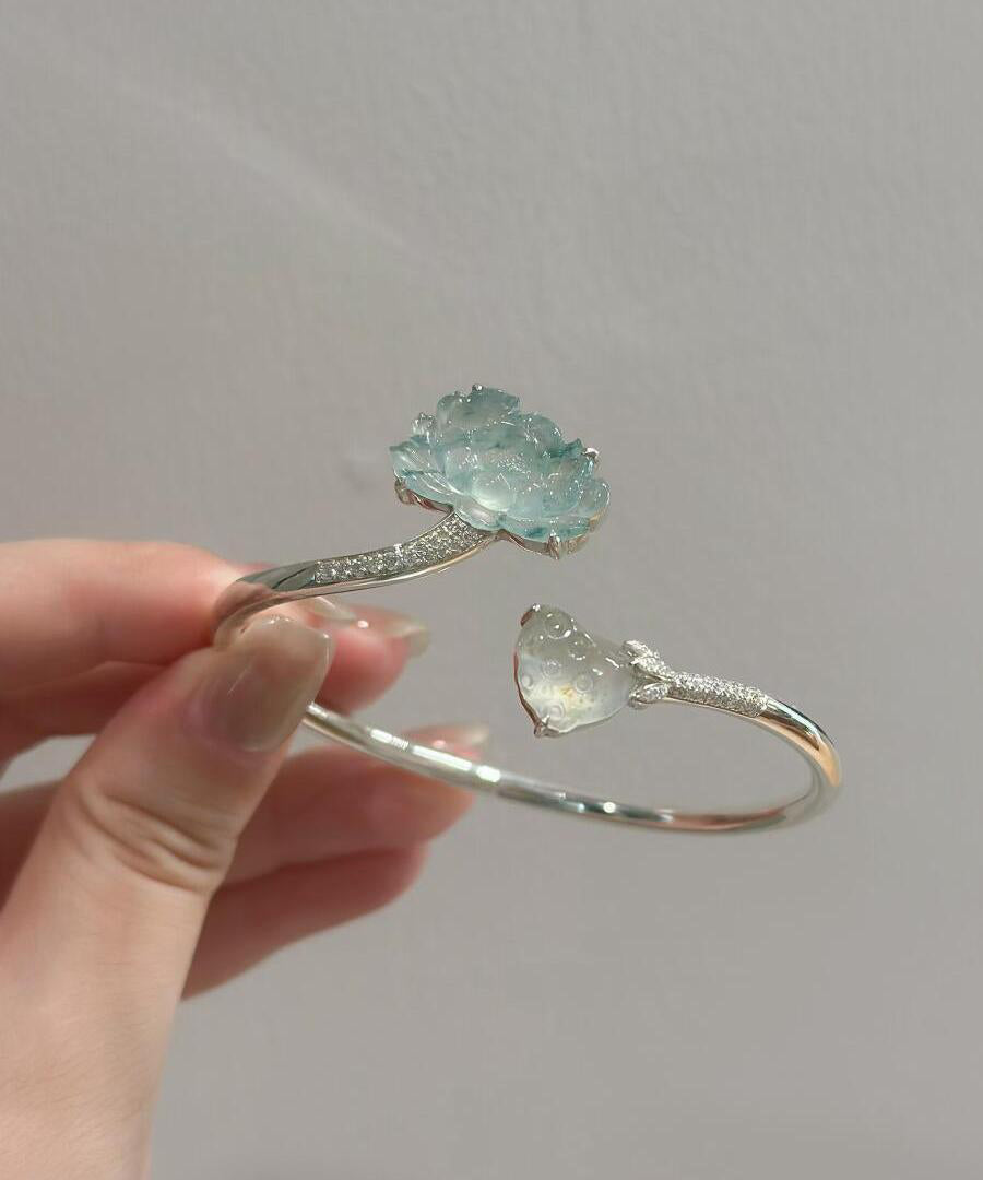 Unisex Manschettarmband med Lotusdesign i Sterling Silver och Jade 4