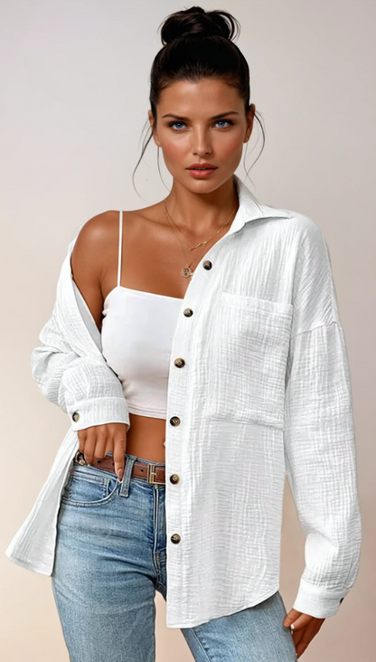 Vit Dam Blus Knappdesign 100% Bomull Avslappnad Stil 1
