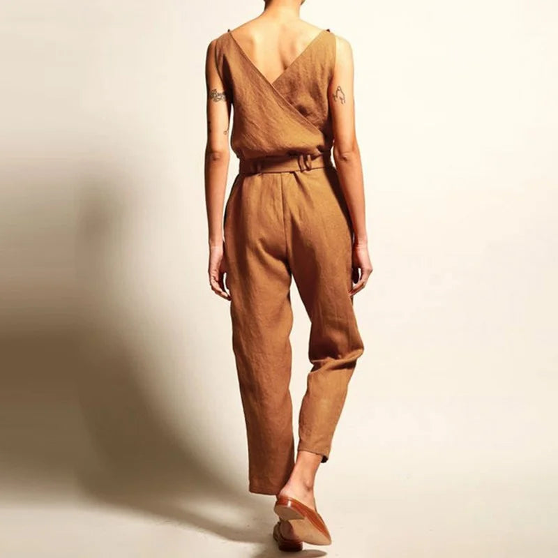 Dam Jumpsuit Luftig Linne Justerbart Midjeband-4