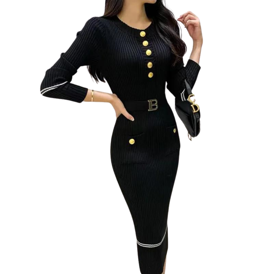 Stickad klänning med halvknäppning för kvinnor