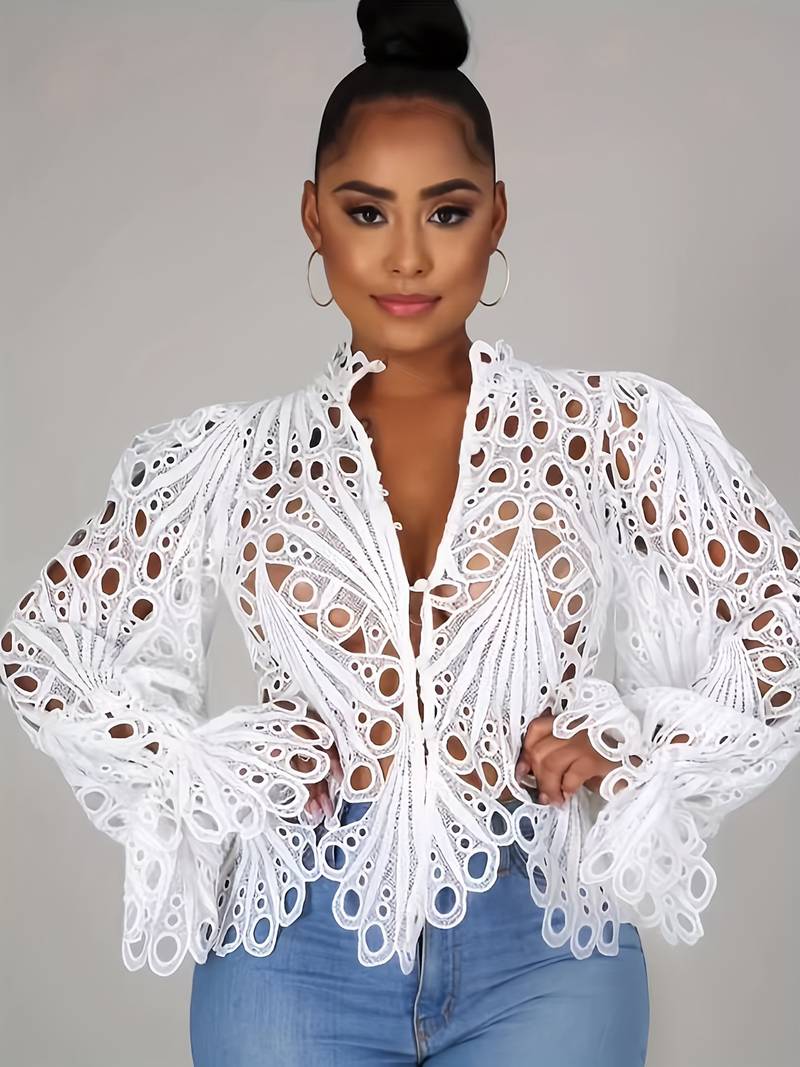 Vit Blus Dam Asymmetrisk med Utskärningar i Polyester-3