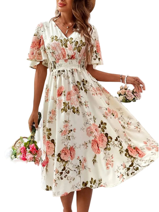 Variant image for Dam A-linje Klänning Blommig V-ringning Polyester för Sommar och Fest-1