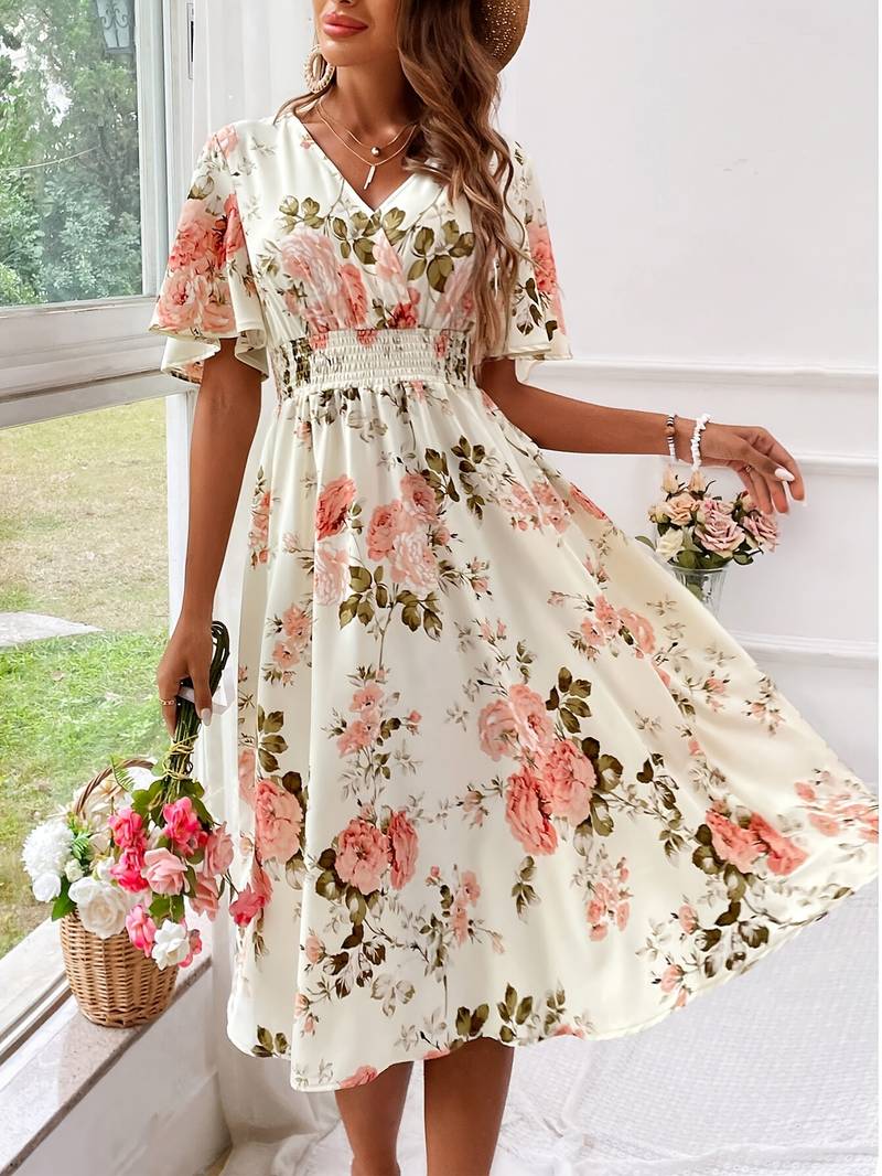 Variant image for Dam A-linje Klänning Blommig V-ringning Polyester för Sommar och Fest-1