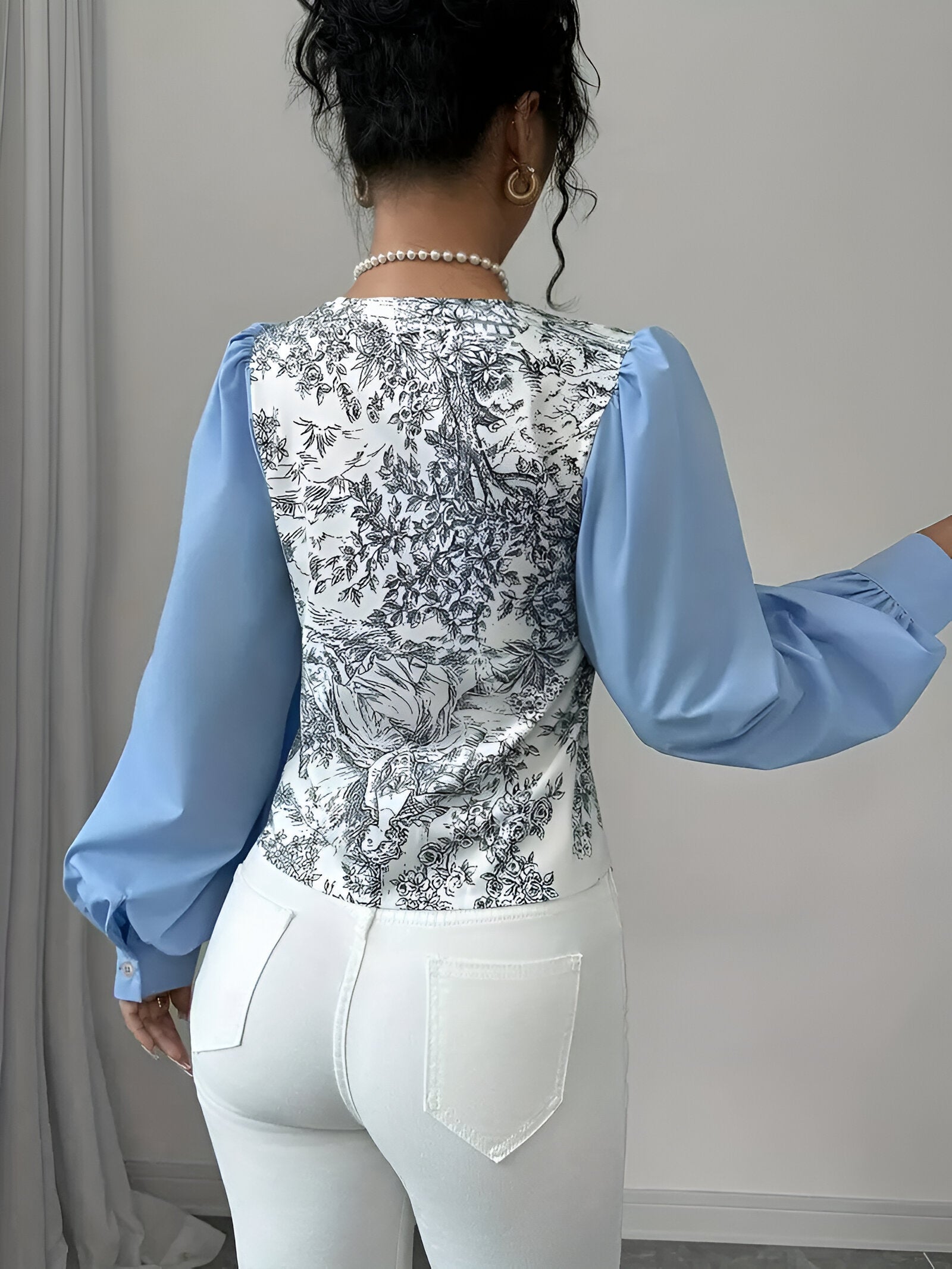Dam Blus V-hals Blommigt Polyester Lykta Ärmar-6