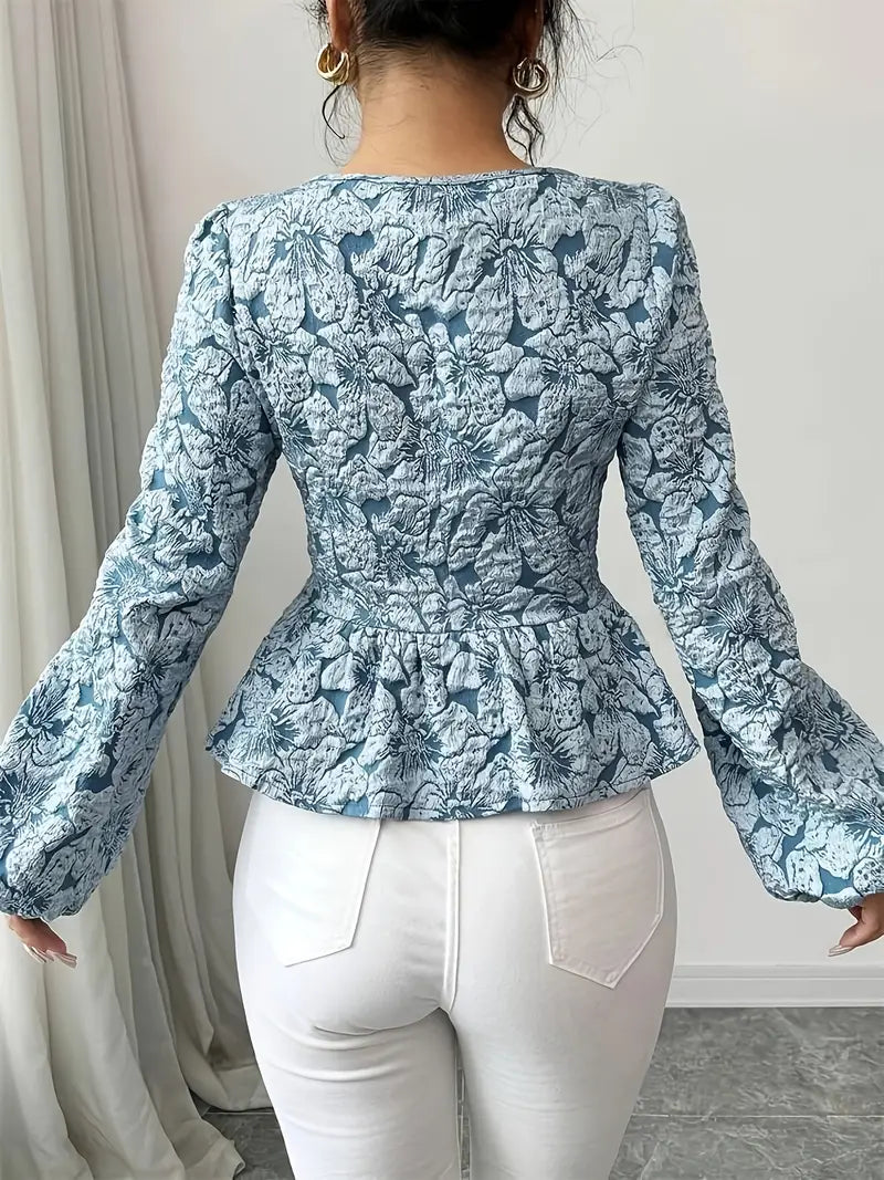 Dam Blus Blommönster Puffiga Ärmar Polyester-4