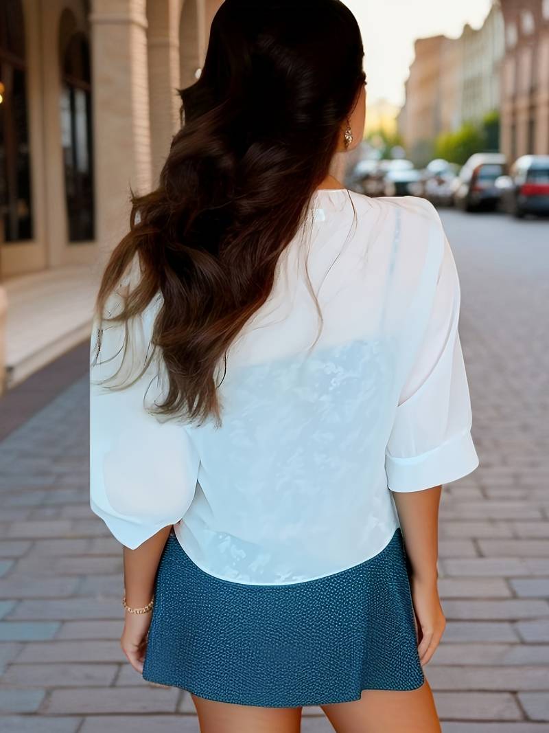 Vit Blus Dam Öppen Front Luftig Design i 100% Bomull-3