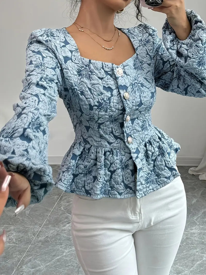 Dam Blus Blommönster Puffiga Ärmar Polyester-2