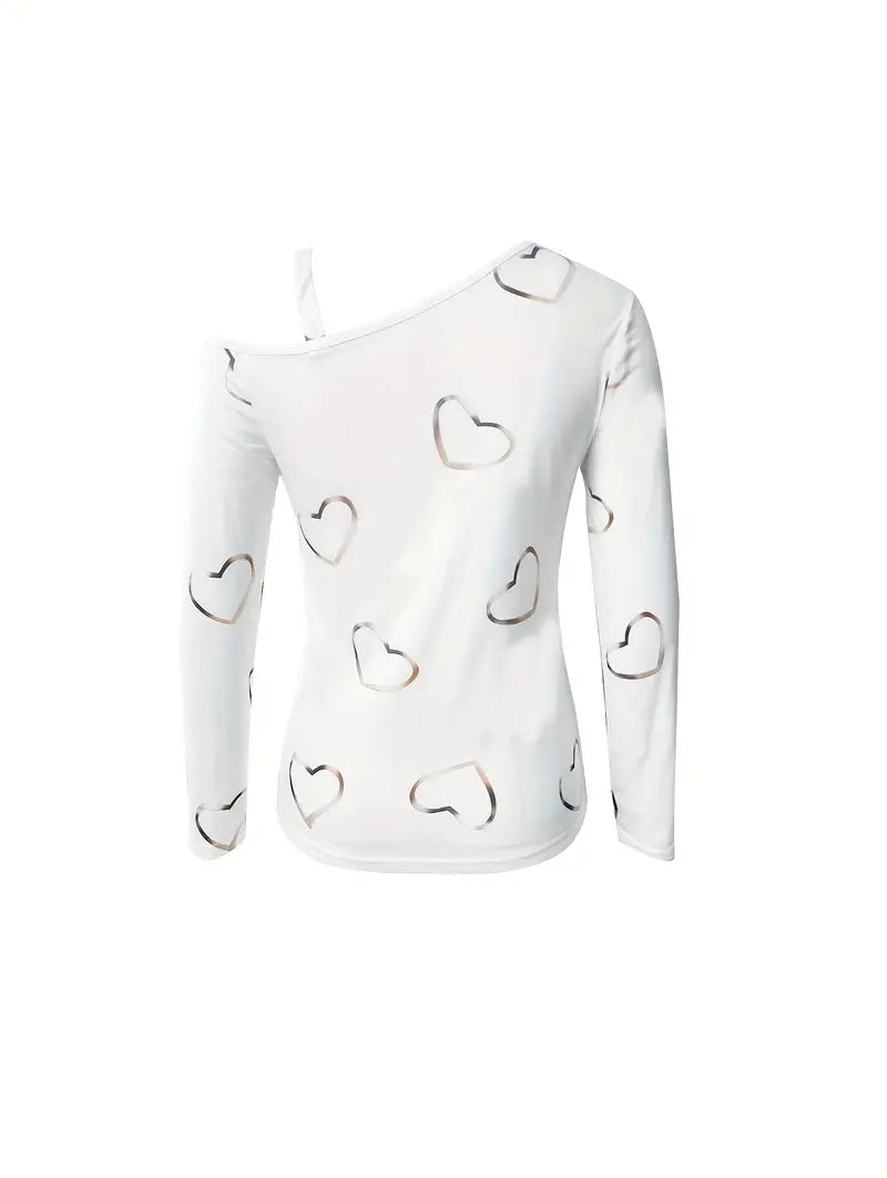 Dam T-shirt med Diagonalt Hjärttryck i Mjuk Bomull-2