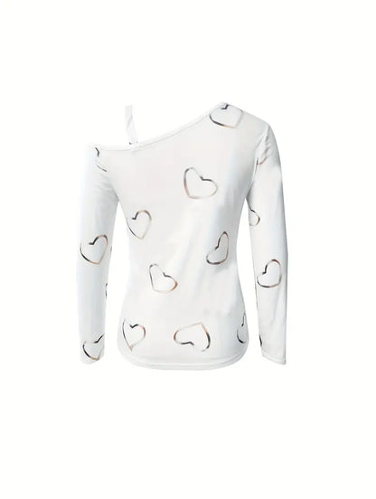 Dam T-shirt med Diagonalt Hjärttryck i Mjuk Bomull-2