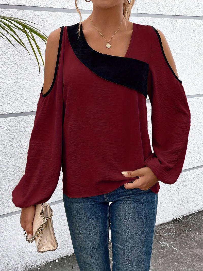 Blus Dam Färgblock Fyrkantig Halsringning Långa Ärmar Polyester-5
