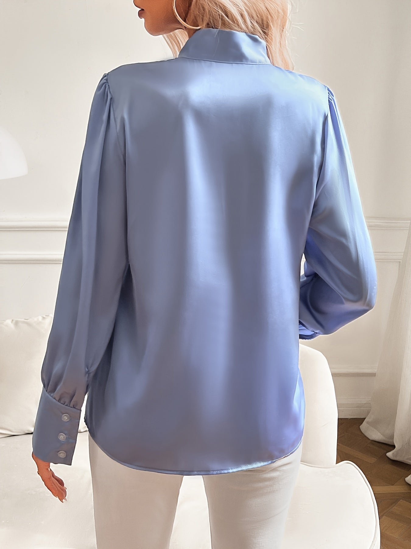 Dam Blus Vit Elegant Silkelook Klassisk Feminin Design Polyester-5