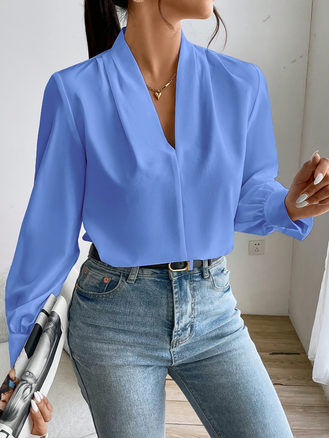 Snygga Blusar Dam Vit V-Hals Polyester Elegant-1