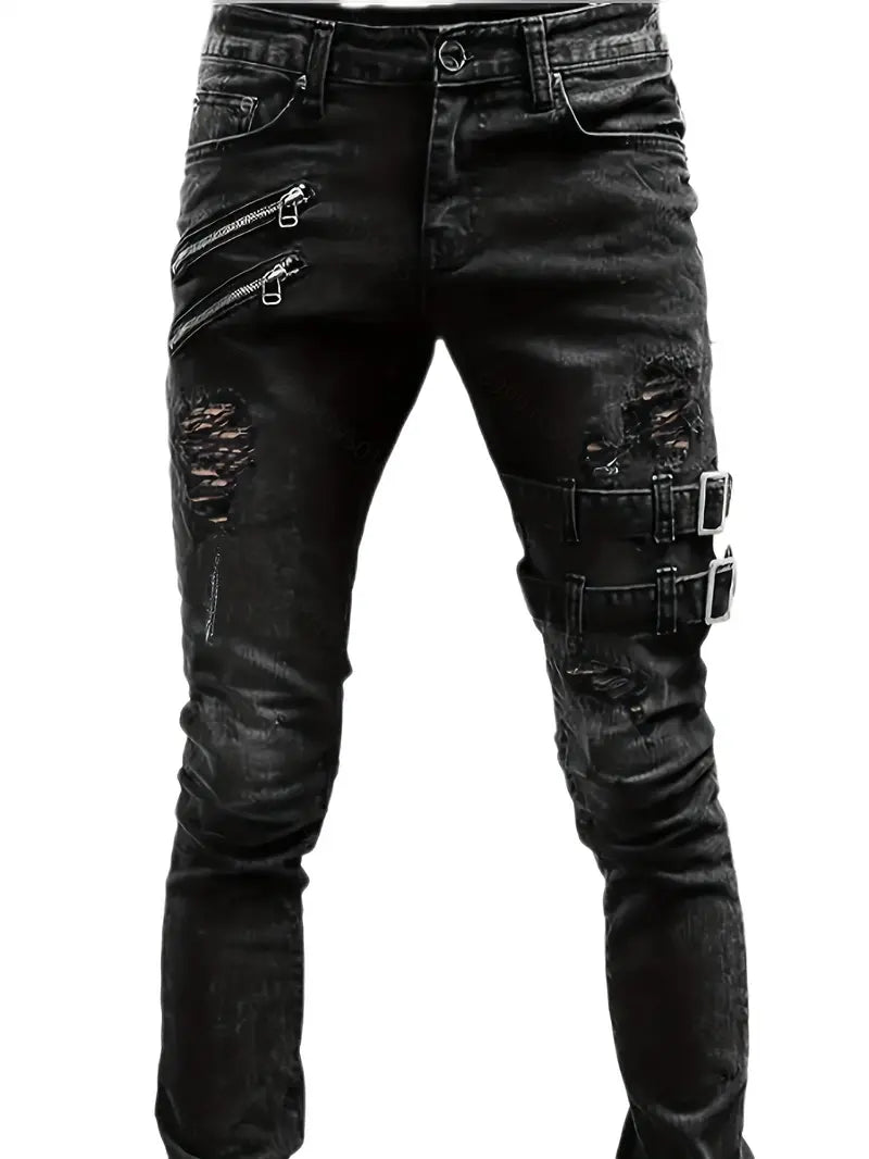 Variant image for Herr Biker Jeans Avslappnad Denim Med Quiltade Detaljer-1