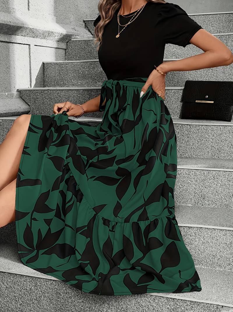 Damklänning Blommigt Tryck Cirkulär Halsringning 100% Bomull-6