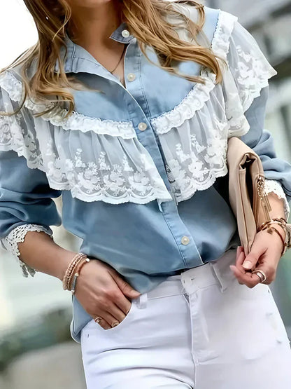 Kvinnors Denimskjorta med Spetsdetaljer Denim Spets-4
