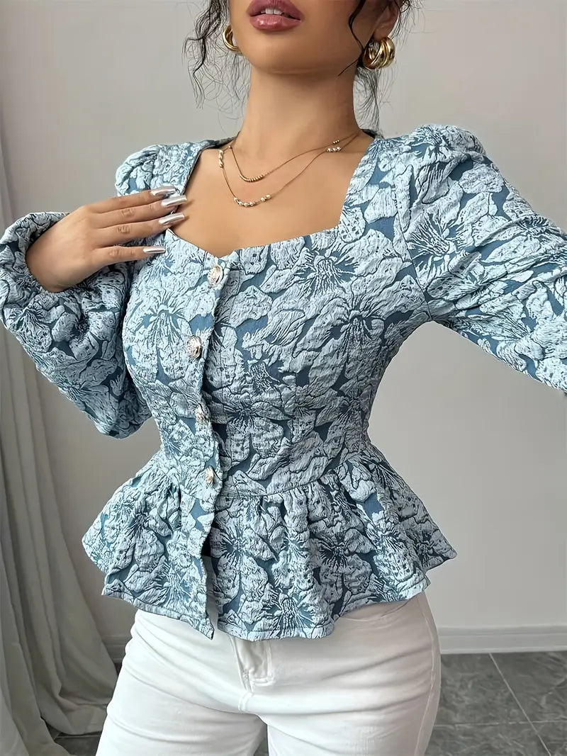 Dam Blus Blommönster Puffiga Ärmar Polyester-6