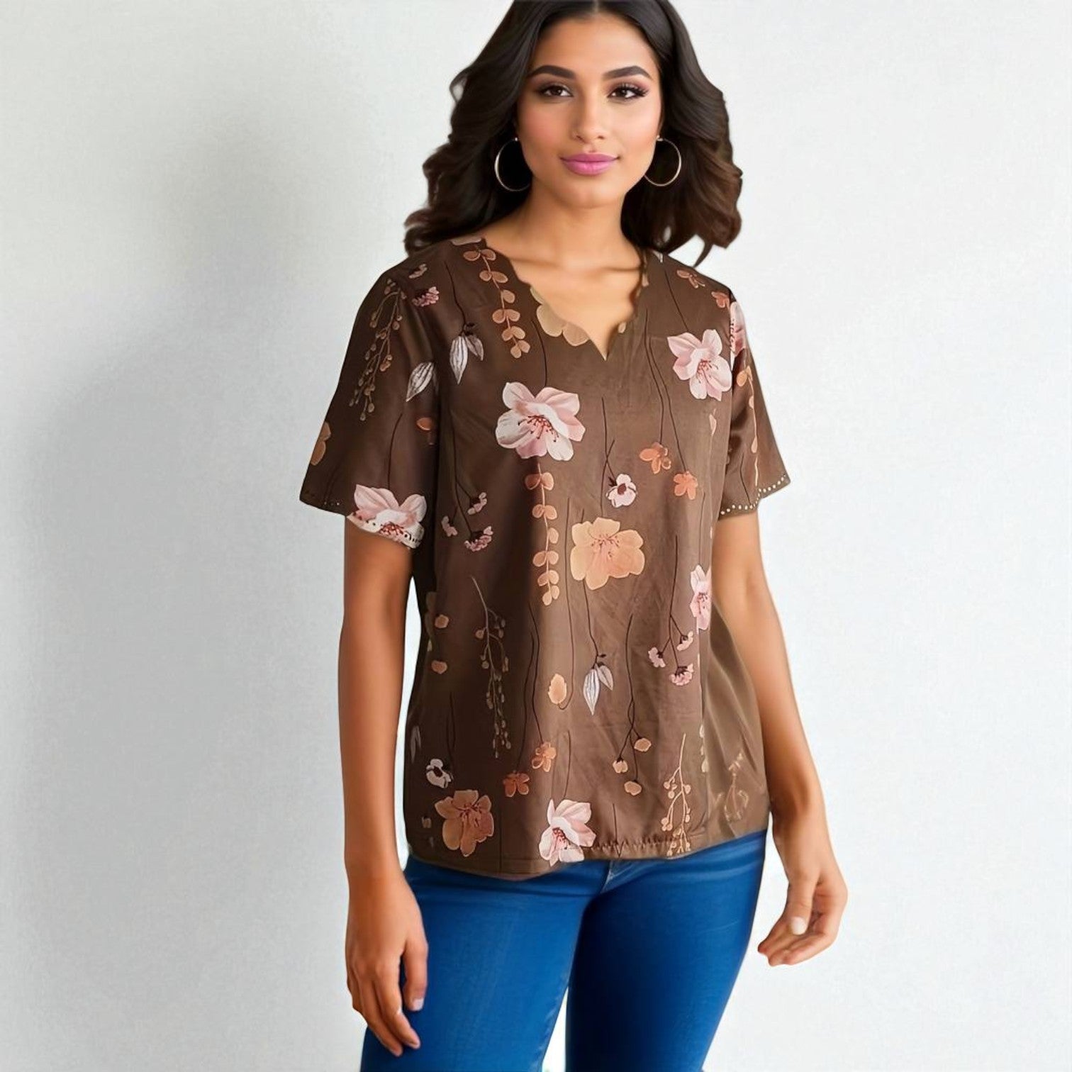 Dam Blus Latt Bomull Blommigt Tryck Feminin