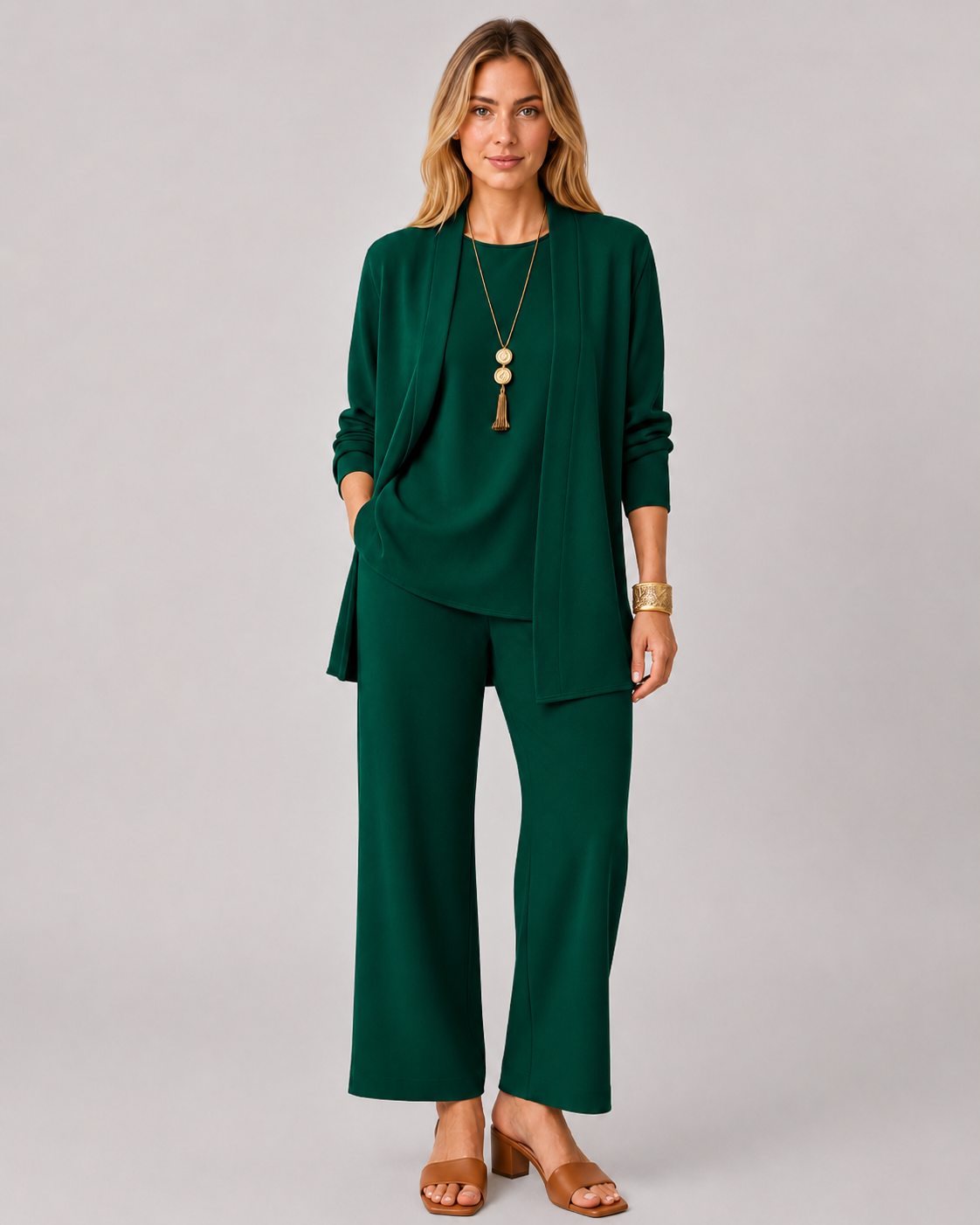 Emma | 3-delad Dams Casual Set | Lång Kofta | Vida Byxor | Mjuk och Ledig Passform