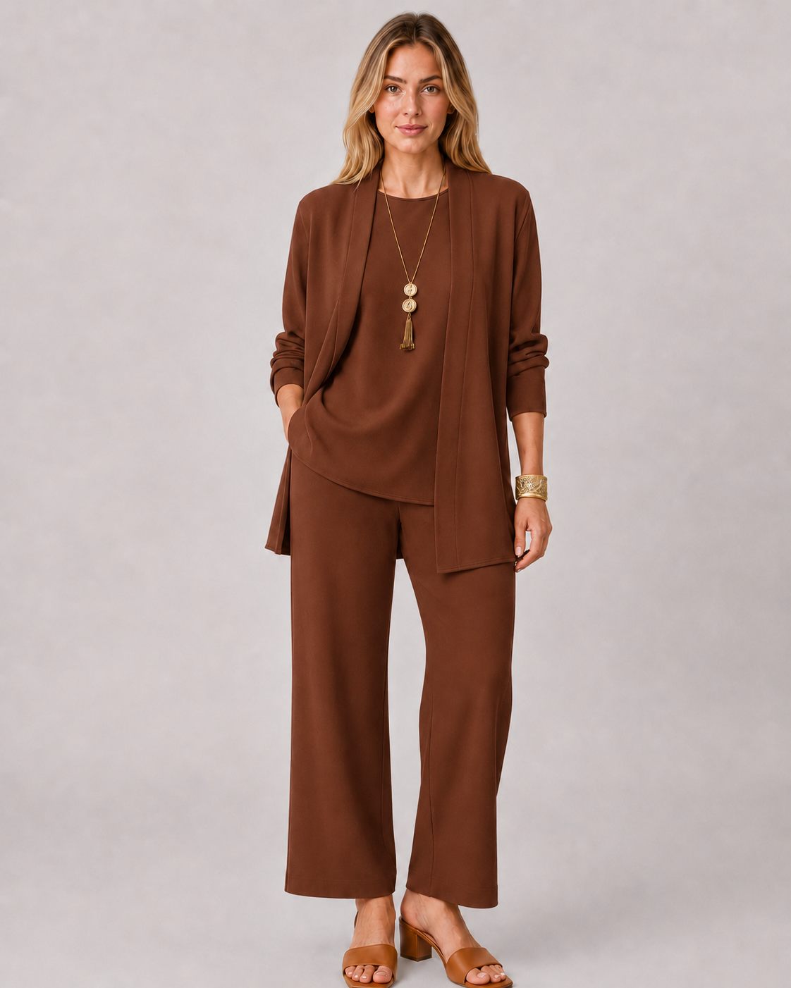 Emma | 3-delad Dams Casual Set | Lång Kofta | Vida Byxor | Mjuk och Ledig Passform