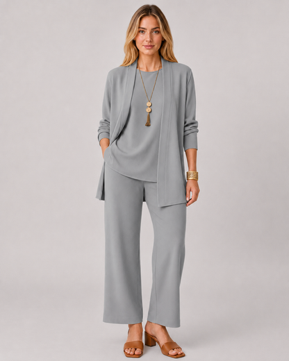 Emma | 3-delad Dams Casual Set | Lång Kofta | Vida Byxor | Mjuk och Ledig Passform