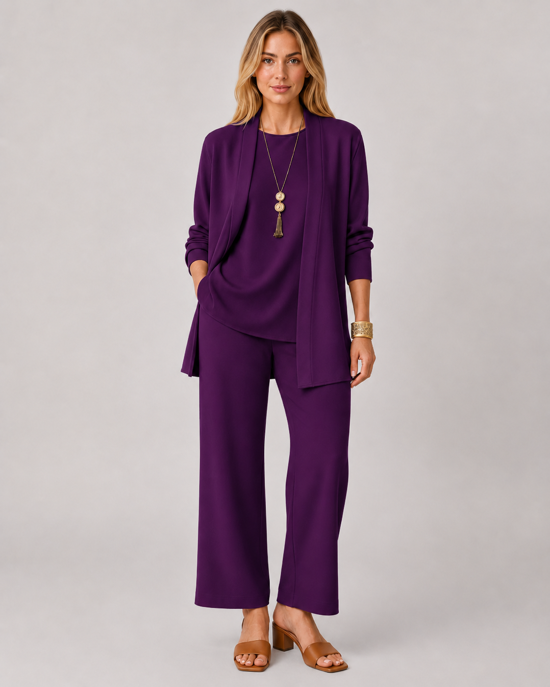 Emma | 3-delad Dams Casual Set | Lång Kofta | Vida Byxor | Mjuk och Ledig Passform