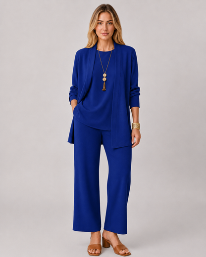 Emma | 3-delad Dams Casual Set | Lång Kofta | Vida Byxor | Mjuk och Ledig Passform