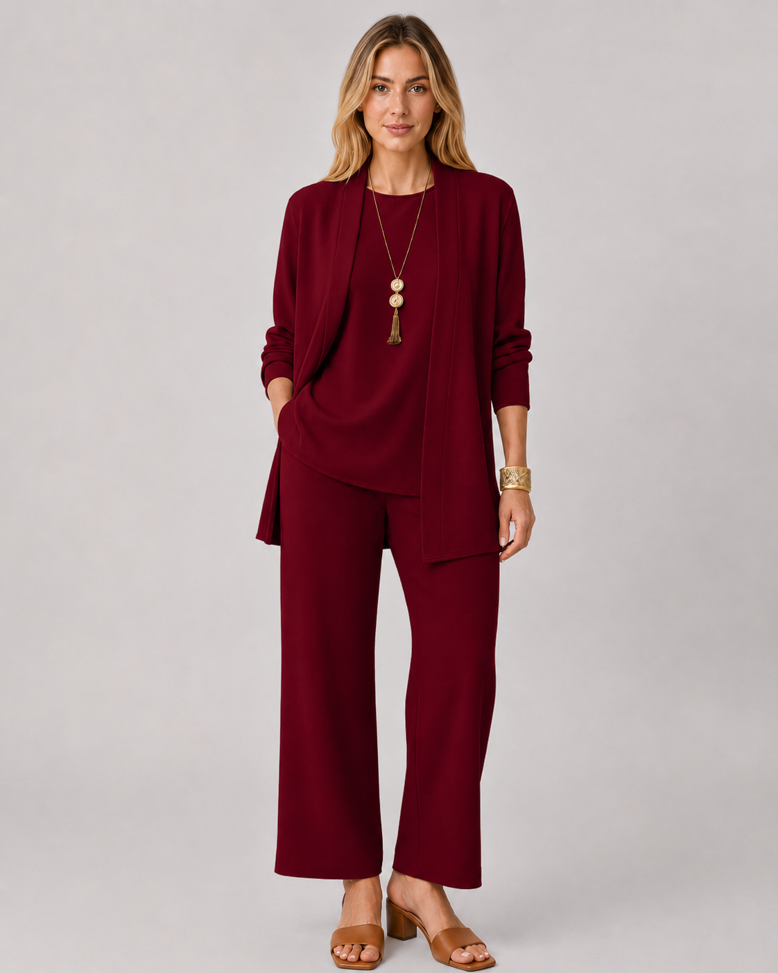 Emma | 3-delad Dams Casual Set | Lång Kofta | Vida Byxor | Mjuk och Ledig Passform