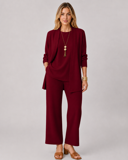 Emma | 3-delad Dams Casual Set | Lång Kofta | Vida Byxor | Mjuk och Ledig Passform
