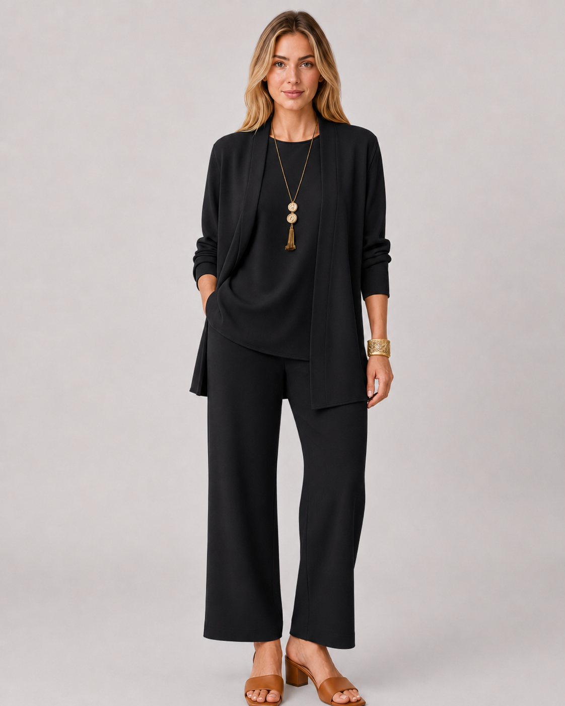 Emma | 3-delad Dams Casual Set | Lång Kofta | Vida Byxor | Mjuk och Ledig Passform