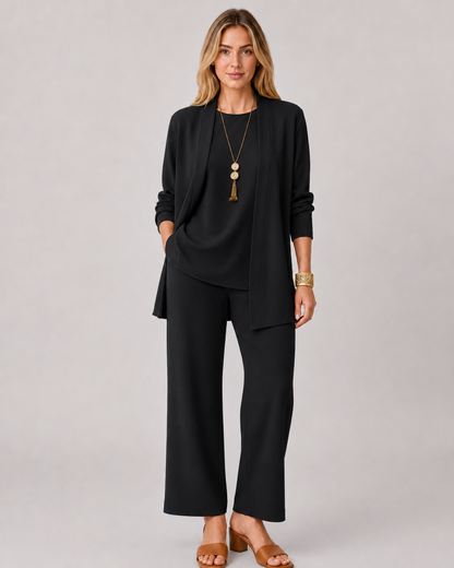 Emma | 3-delad Dams Casual Set | Lång Kofta | Vida Byxor | Mjuk och Ledig Passform