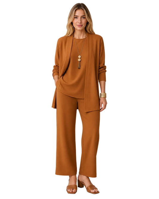 Emma | 3-delad Dams Casual Set | Lång Kofta | Vida Byxor | Mjuk och Ledig Passform