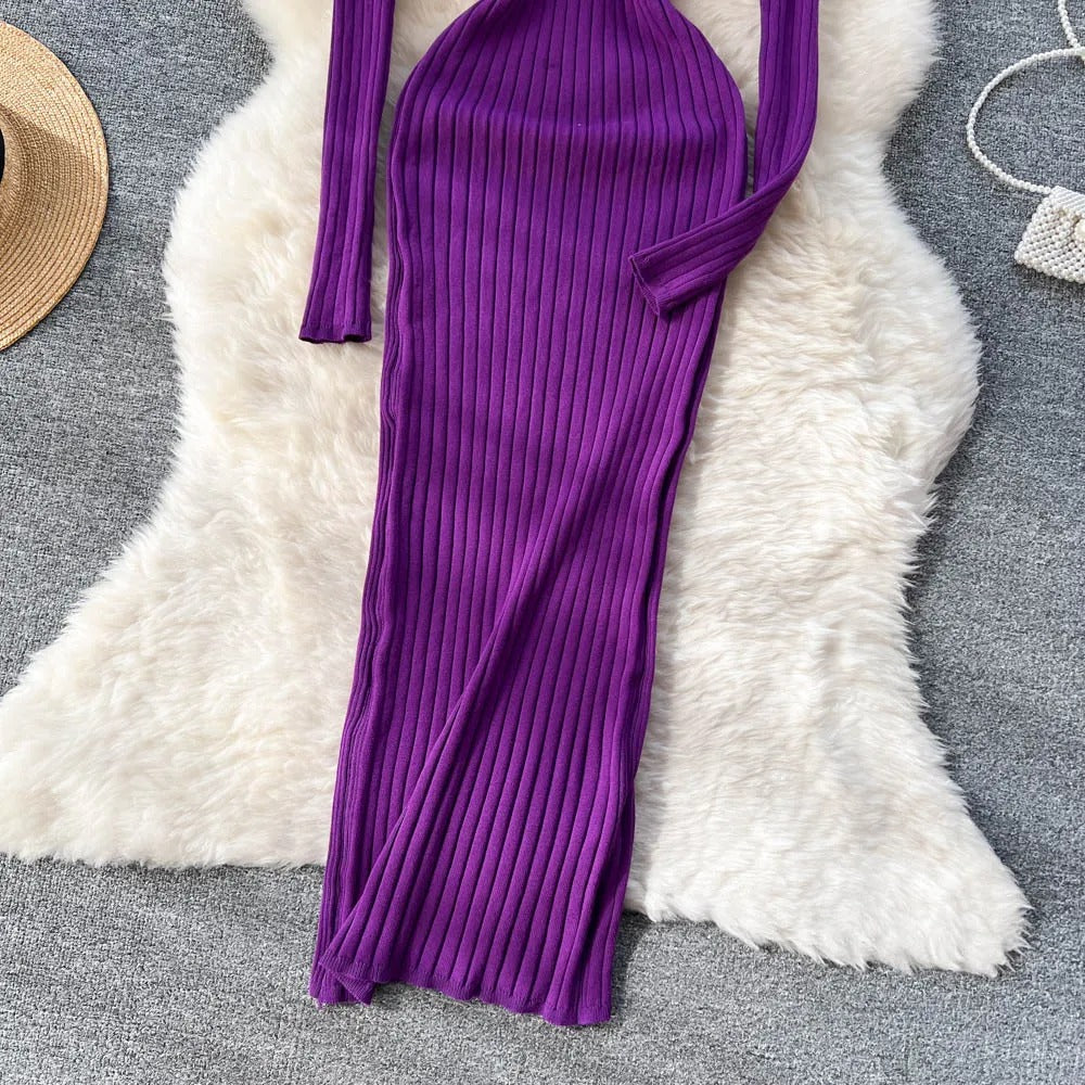 Långärmad stickad pencilklänning för kvinnor