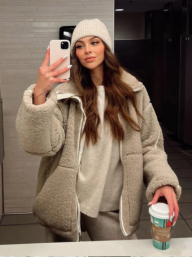 Damjacka Teddy Lång Lös Passform Mjuk Material-4