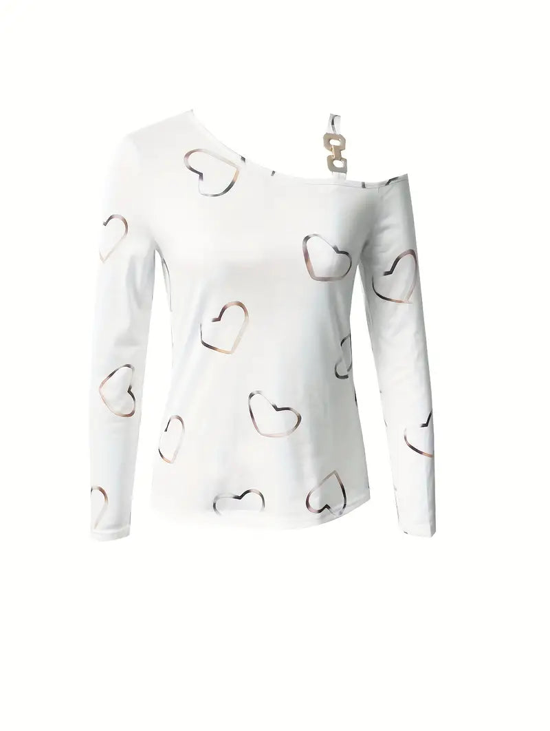 Dam T-shirt med Diagonalt Hjärttryck i Mjuk Bomull-3