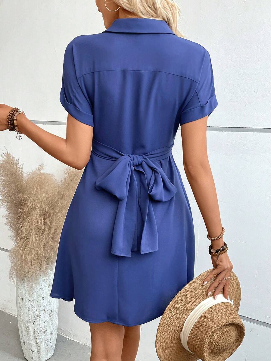 Kvinnor Miniklänning Enkel Högkvalitativt Tyg med Korta Ärmar och Krage-5
