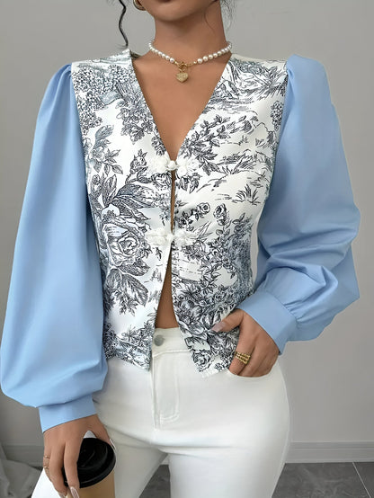 Variant image for Dam Blus V-hals Blommigt Polyester Lykta Ärmar-1