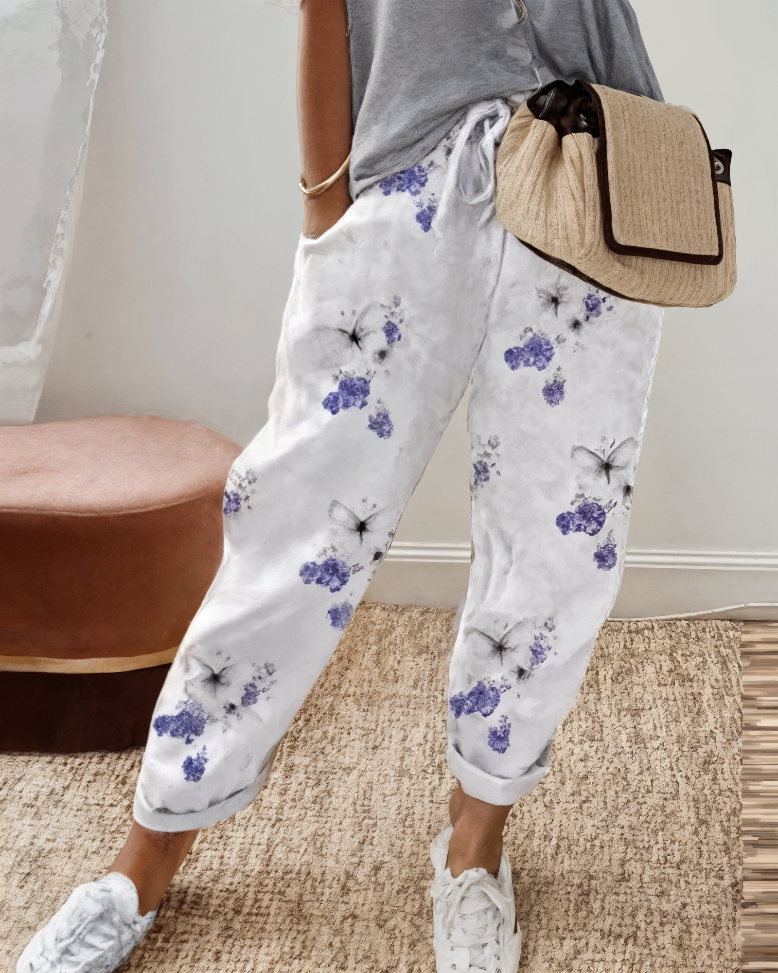 Kvinnors Vita Linne-stil Byxor Latta Och Eleganta