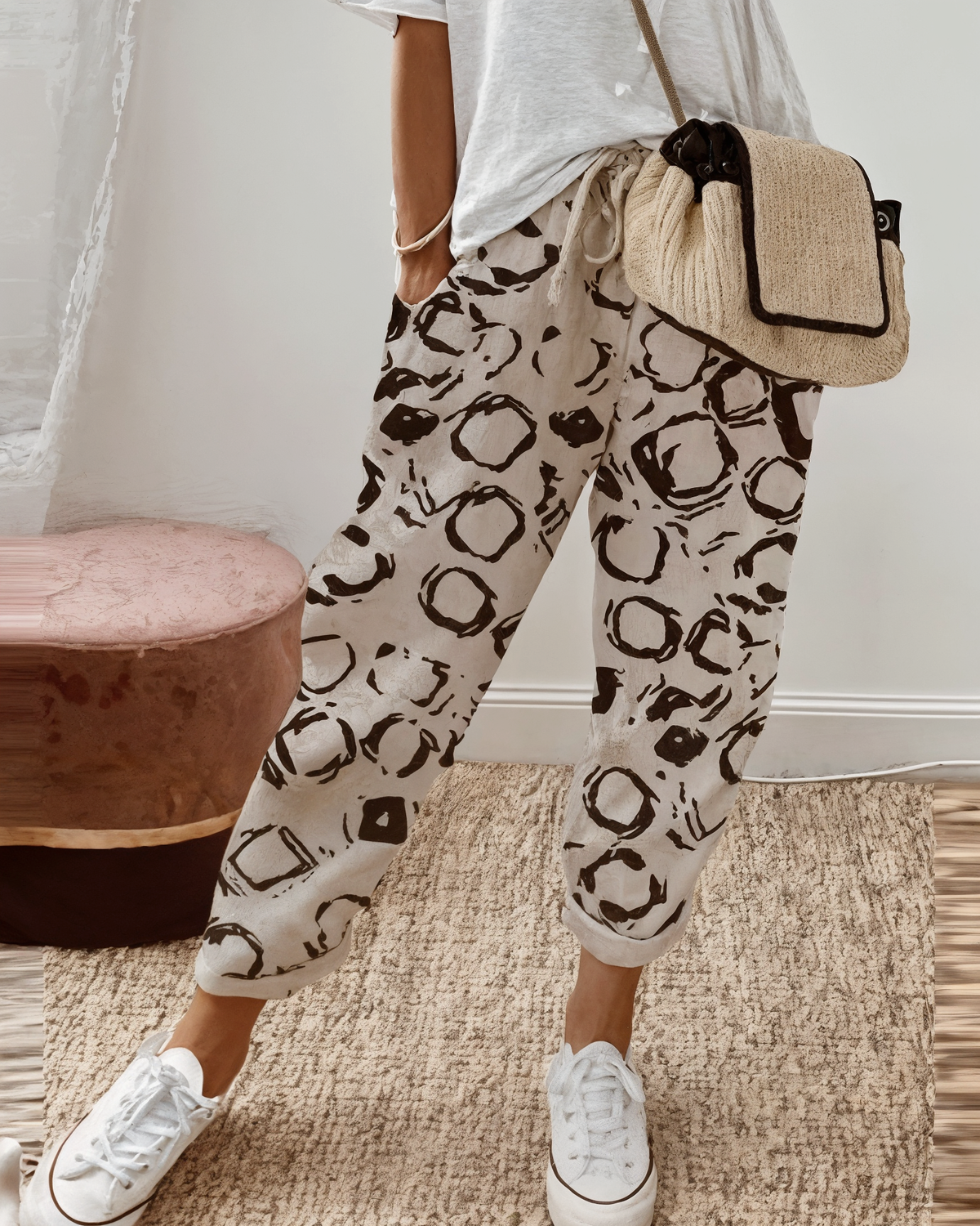 Kvinnors Vita Linne-stil Byxor Latta Och Eleganta