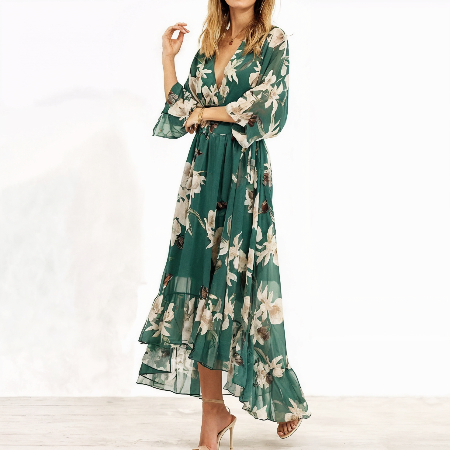 Maxi Klänning Dam V-ringning 3/4 Ärmar Polyester Lång Klänning